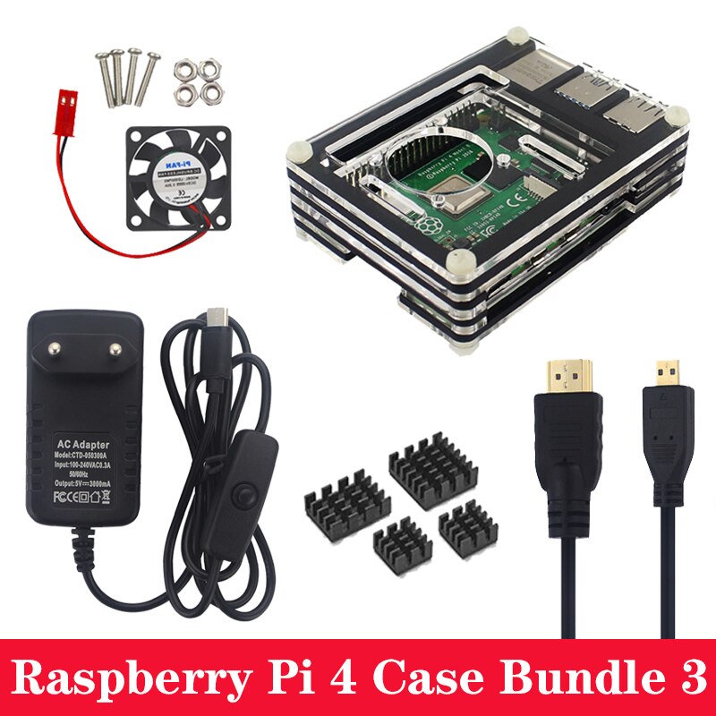 9 Layers Acrylic Case for Raspberry Pi 4 Model B with Cooling Fan Aluminum Heat Sink Power Supply Adapter Charger for Pi 4: Bundle 3
