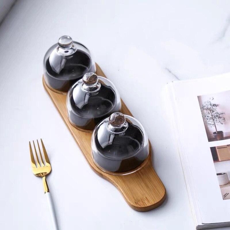 Nordic Ceramic Dessert Bowl Snack Dish Taste Fruit Plate Salad Ice Cream Bowl with Bamboo Tray Glass Cover Tableware: 3pcs-60ml  B