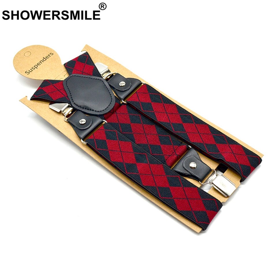 Showersmile hängslen man för byxor svart röd argyle justerbart y back hängselbälte 3 klämmor med läder hängslen