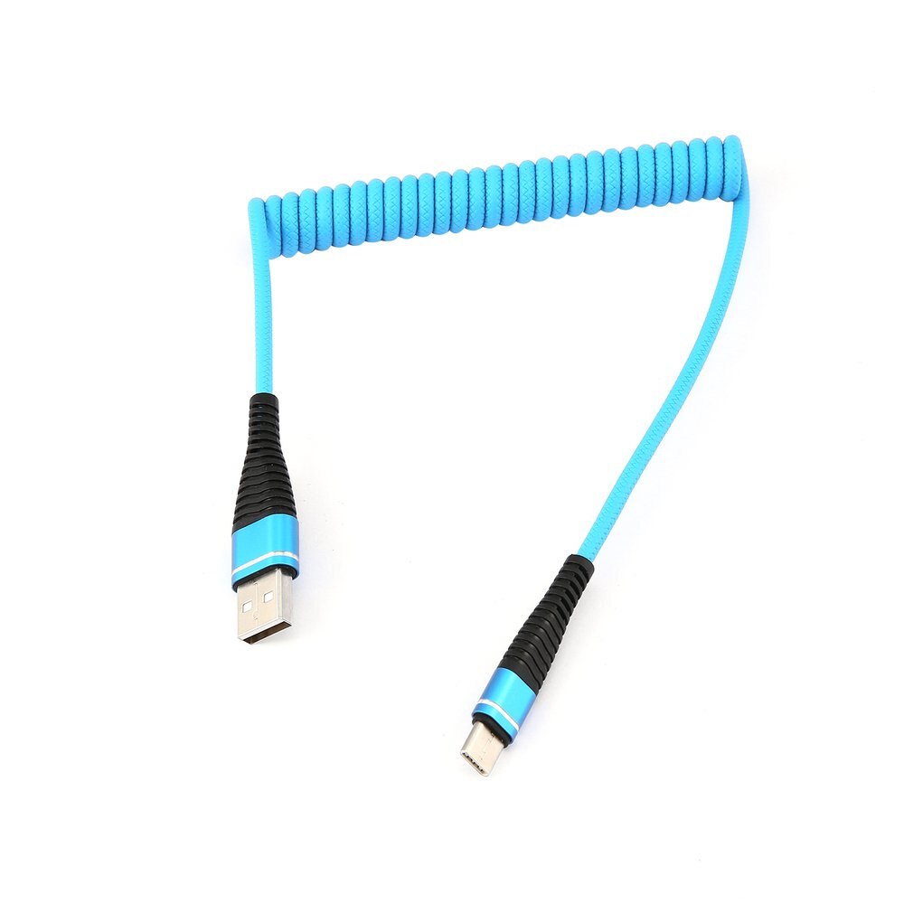 spiral type-c hann skjøteledning datasync lader metalltråd ladekabel usb-c type c kabel strukket spiralfjær til samsung: Blå