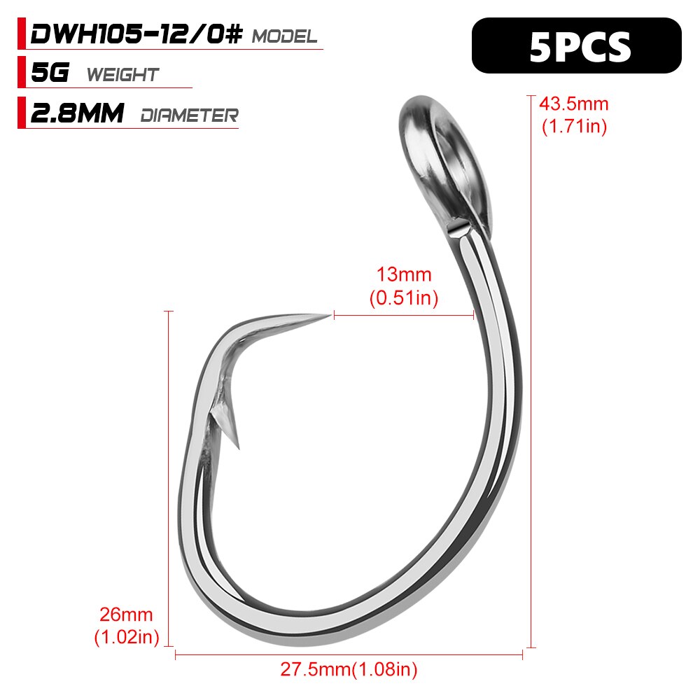 5pc Saltwater Ocean Boat Fishing Hooks Circle Hook 11/0#-16/0# Anticorrosion Stainless Steel Tuna Shark Fishhook: 12-0