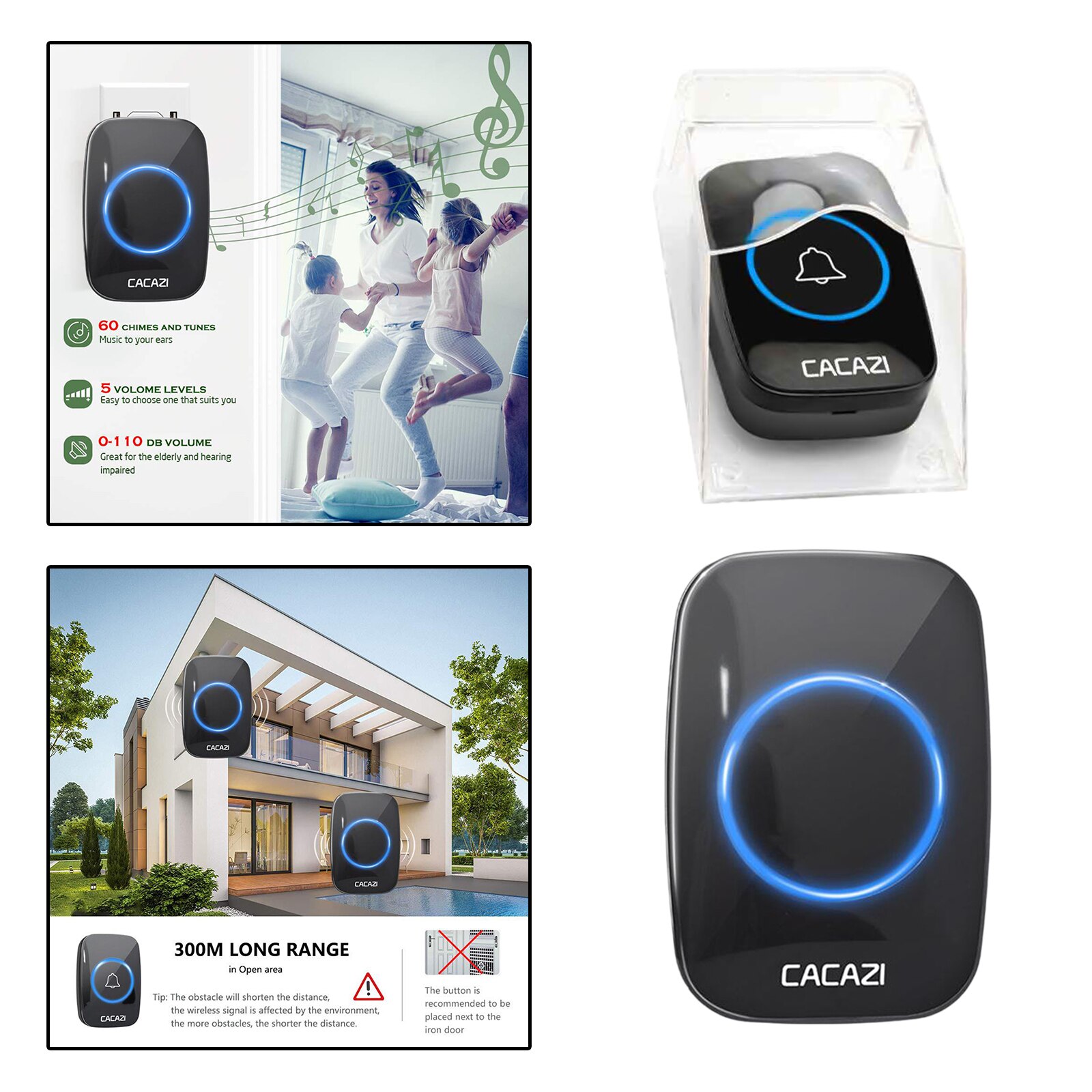 Wireless Waterproof Doorbell 300m Range EU Plug Home Intelligent Door Bell Chime 5 Volume Levels 60 Chimes for Home Office