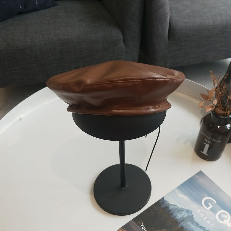 Vrouwen Casual Solid Pu Leer Baret Hoed Mode Vrouwen Herfst Winter Retro Beanie Caps Mode Baret cap: Coffee