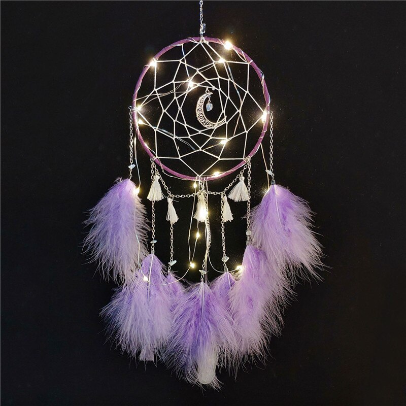 1 Pc Dream Catcher Led Handgemaakte Veren Nachtlampje Opknoping Thuis Kamer Decoratie Baby Muur Decor Voor Baby Bed Bumper decoratie: purple with light