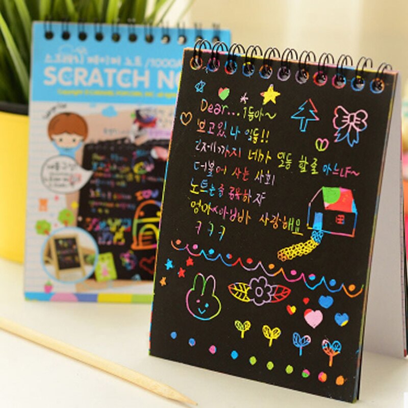 Scratch Paper DIY Painting Art Doodle Pad Children Educational Toys Drawing for Children Fun Kids Colorful Black with Wood Stick