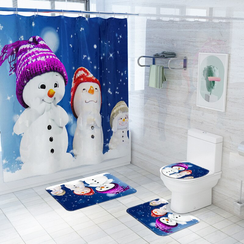 Kerst Badkamer Mat Douchegordijn Gedrukt Douchegordijn Sneeuwpop Bad Mat Anti Slip Mat Microfiber Badkamer Bad Rug: 4pcs-294