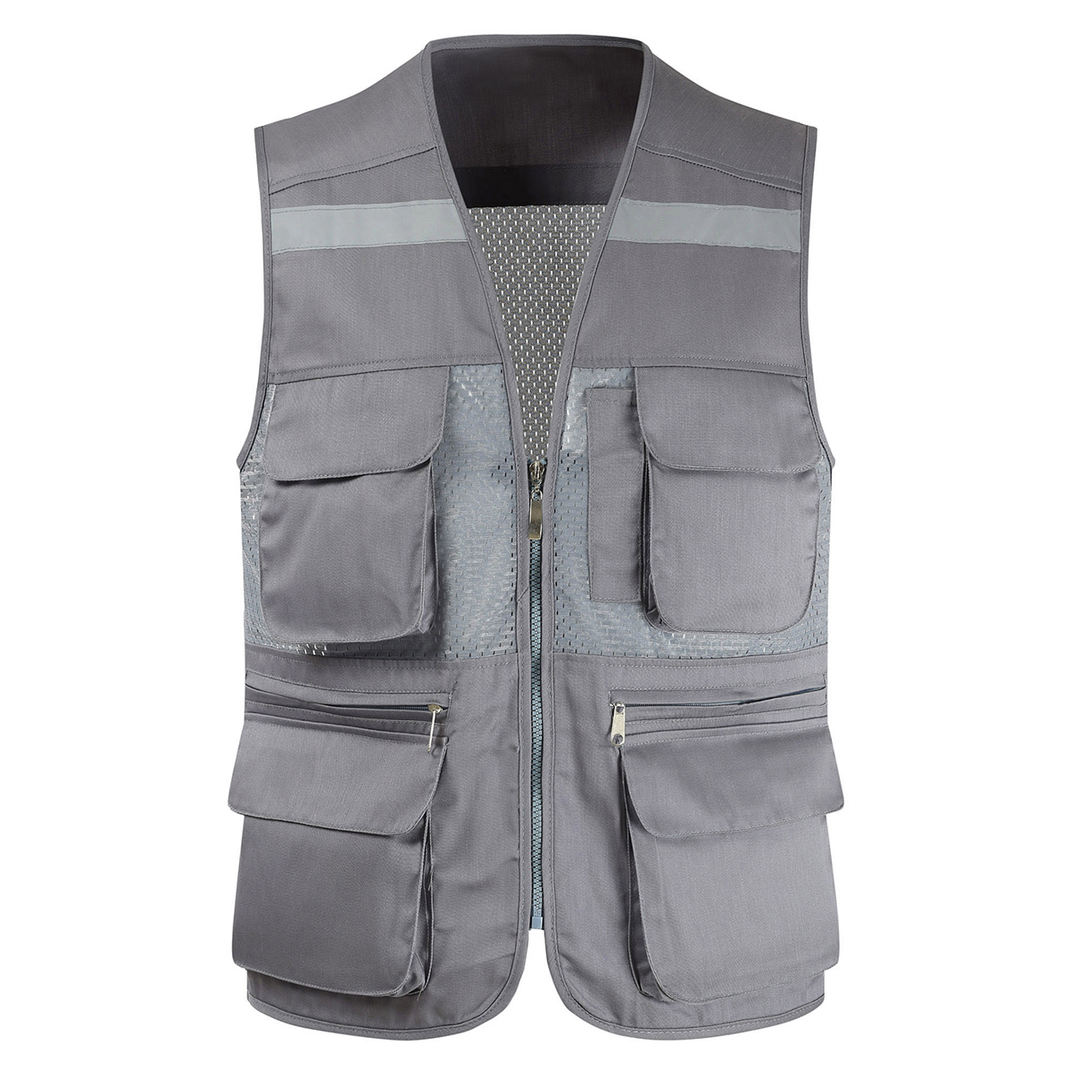 Men's Summer Mesh Fishing Vest Photography Work Multi-Pockets Outdoors Journalist's Vest Sleeveless Jackets: XXL / GRAY