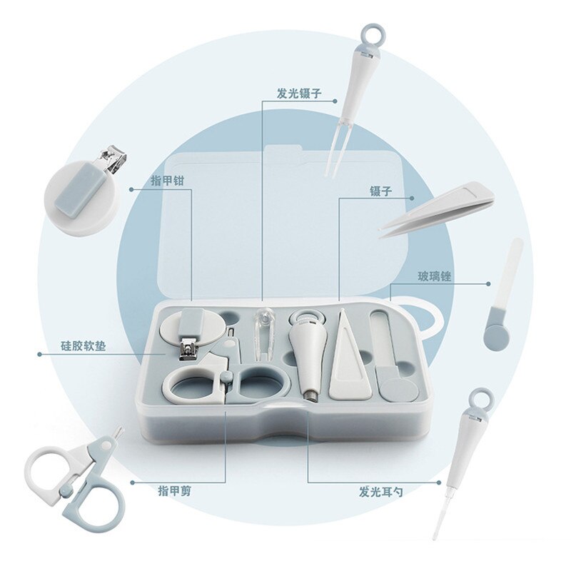 Effen Kleur Baby Kids Baby Care Nagelknipper Schaar Glow Pincet Glas Bestand Oor Lepel Siliconen Pad Zes stuk Set