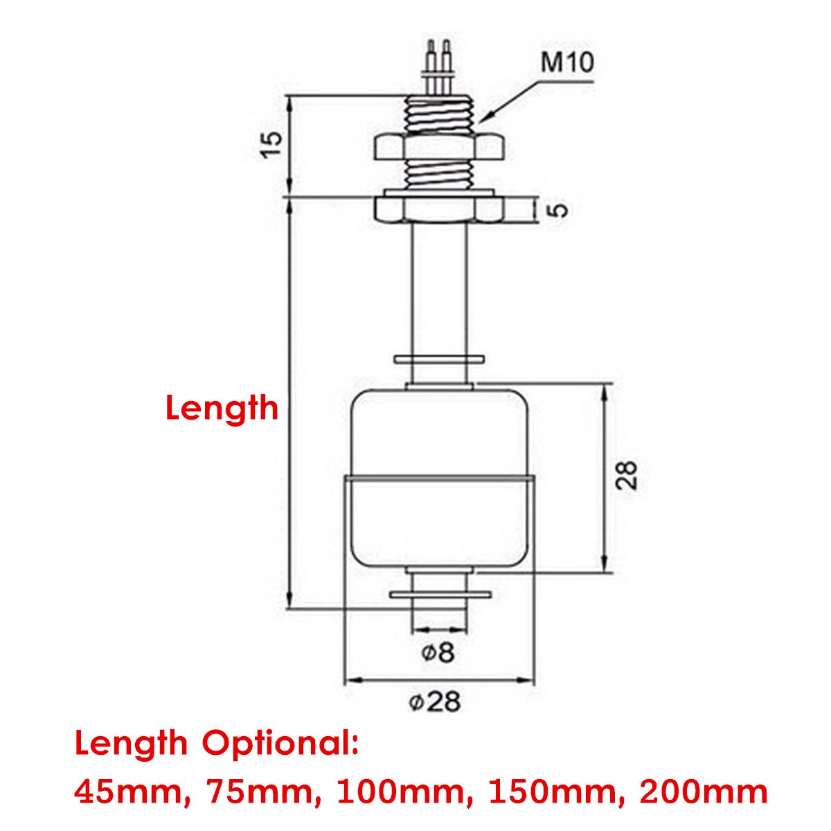 Internal Float Switch Stainless Steel Vertical Liquid Water Level Controller Sensor 45/75/100/150/200mm 10W / 50W