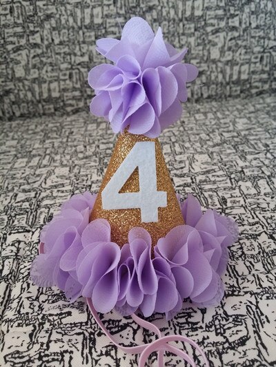 Meisje Bloem Tuin Shabby Chic Verjaardag Hoed Roze Lavendel Gouden Bloem Party Hoed Hoofdband 1st 2nd 3rd Pasgeboren Glitter party Cap: Lavender 4 one piece