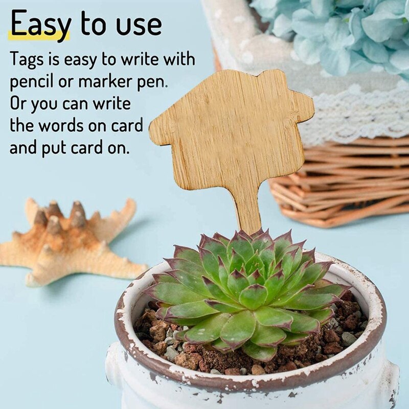 Bamboo Plant Label 50 Houses and T-Shaped Garden Labels for Seed Potted Herbs, Flowers and Vegetable (6 x 10 cm)