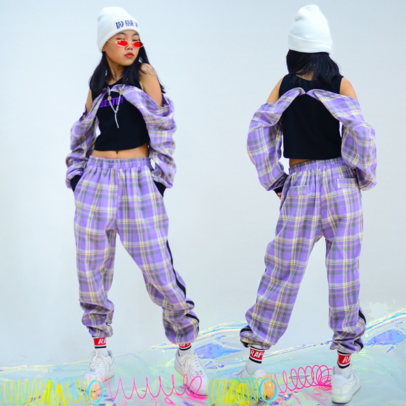 Jazz dans kostumer lilla plaid hiphop jakkesæt piger jazz street dance tøj børn hip hop træningstøj dqs 5556