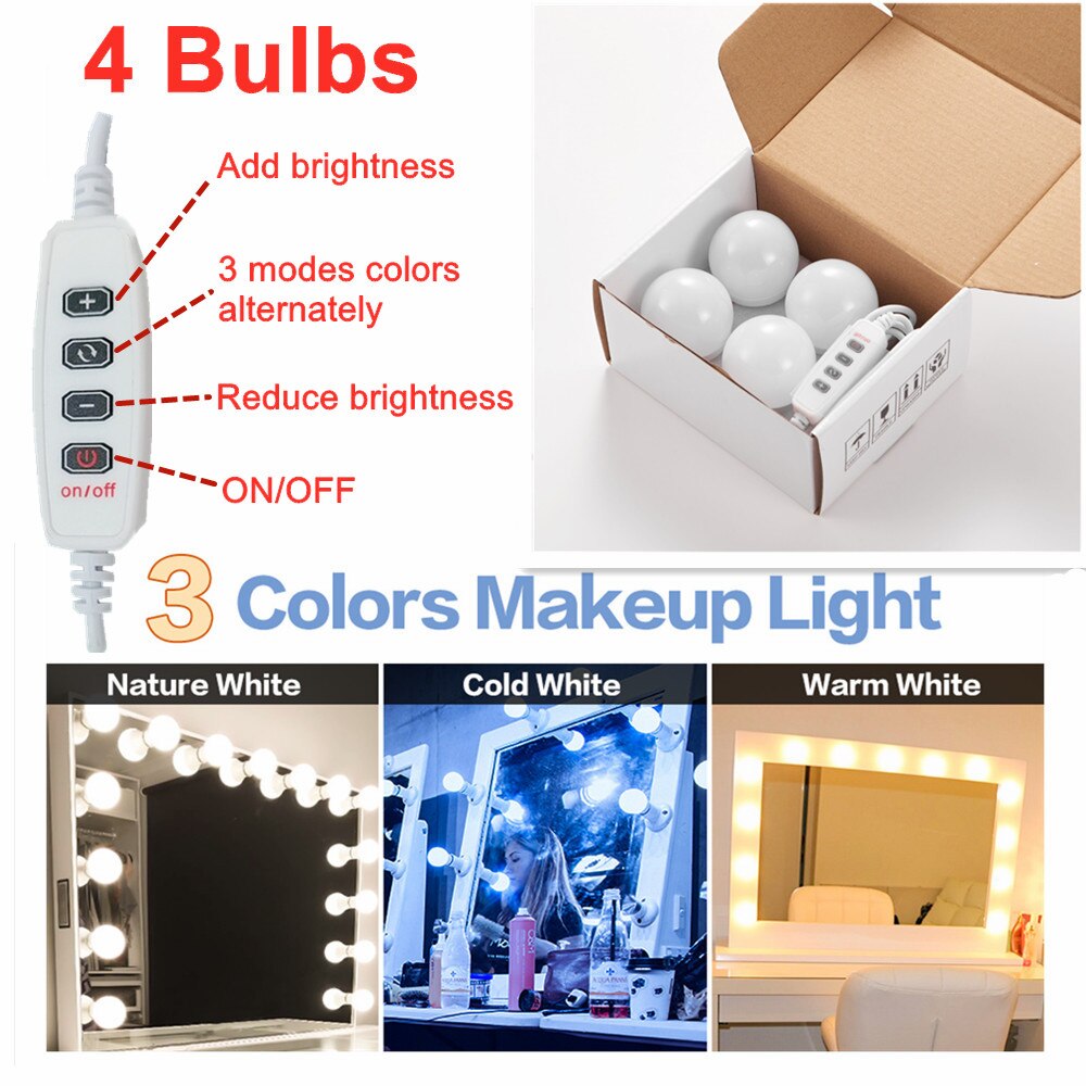 Bombillas LED para Espejo de Maquillaje, Luces de Pared Regulables con USB, para Tocador de Baño, Estilo Hollywood: 4 bulbs