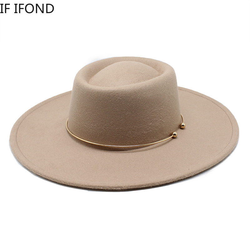 Fedora – chapeau feutré De Jazz pour femmes et hommes, à large bord De 9.5CM, avec chaîne en or, automne hiver, robe formelle