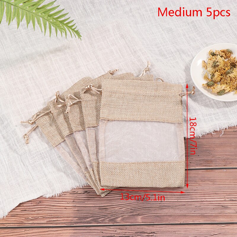 5pcs Pouch Drawstring Burlap Linen Bundle Pocket Jute Sack Candy Storage Bags Christmas Window Jewelry Drawstring: 5pcs M