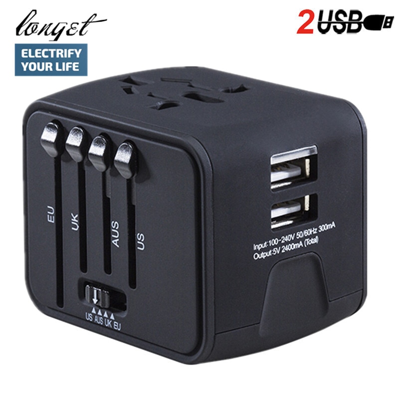 LONGET Dual USB Adapter Iron-M All-in-one International Travel Charger 2.4A Universal Travel Wall Charger voor ONS, UK, EU, AU