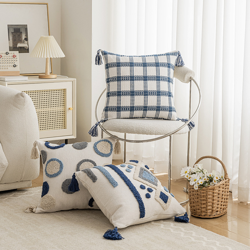 30X50/45x45CM Blue Plush Throw Pillow Cover Simple Geometry Living Room Sofa Cushion Waist Cover Plush Home Decor Cover