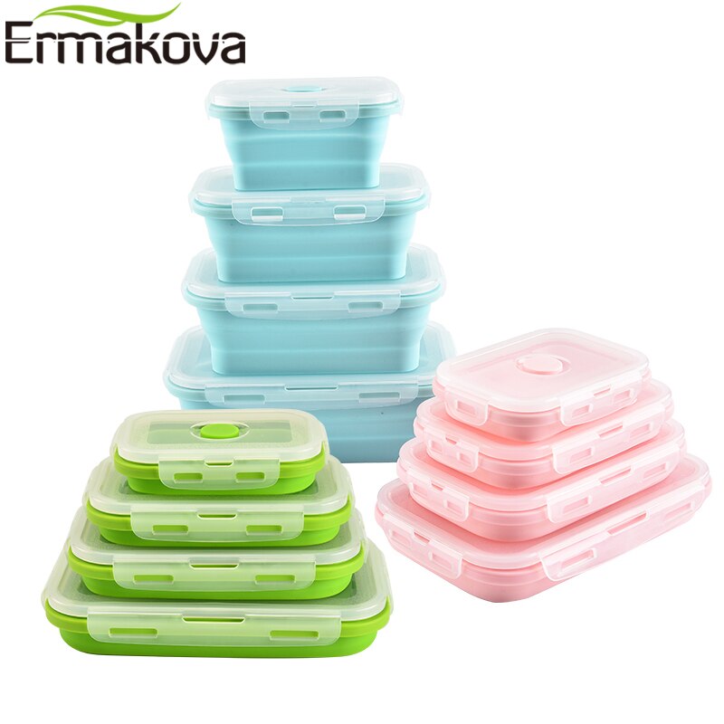ERMAKOVA 3 of 4 Pcs Silicone Inklapbare Lunch Bento Box Hittebestendig Vouwen Voedsel Opslag Container met Luchtdichte Plastic deksel