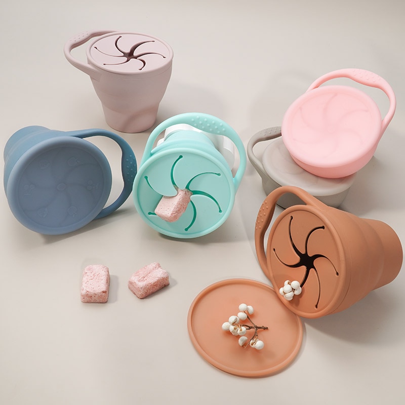 Taza de aperitivos para bebés, caja de almacenamiento de alimentos portátil para niños pequeños, contenedor de aperitivos de silicona sin BPA con tapa, colores sólidos