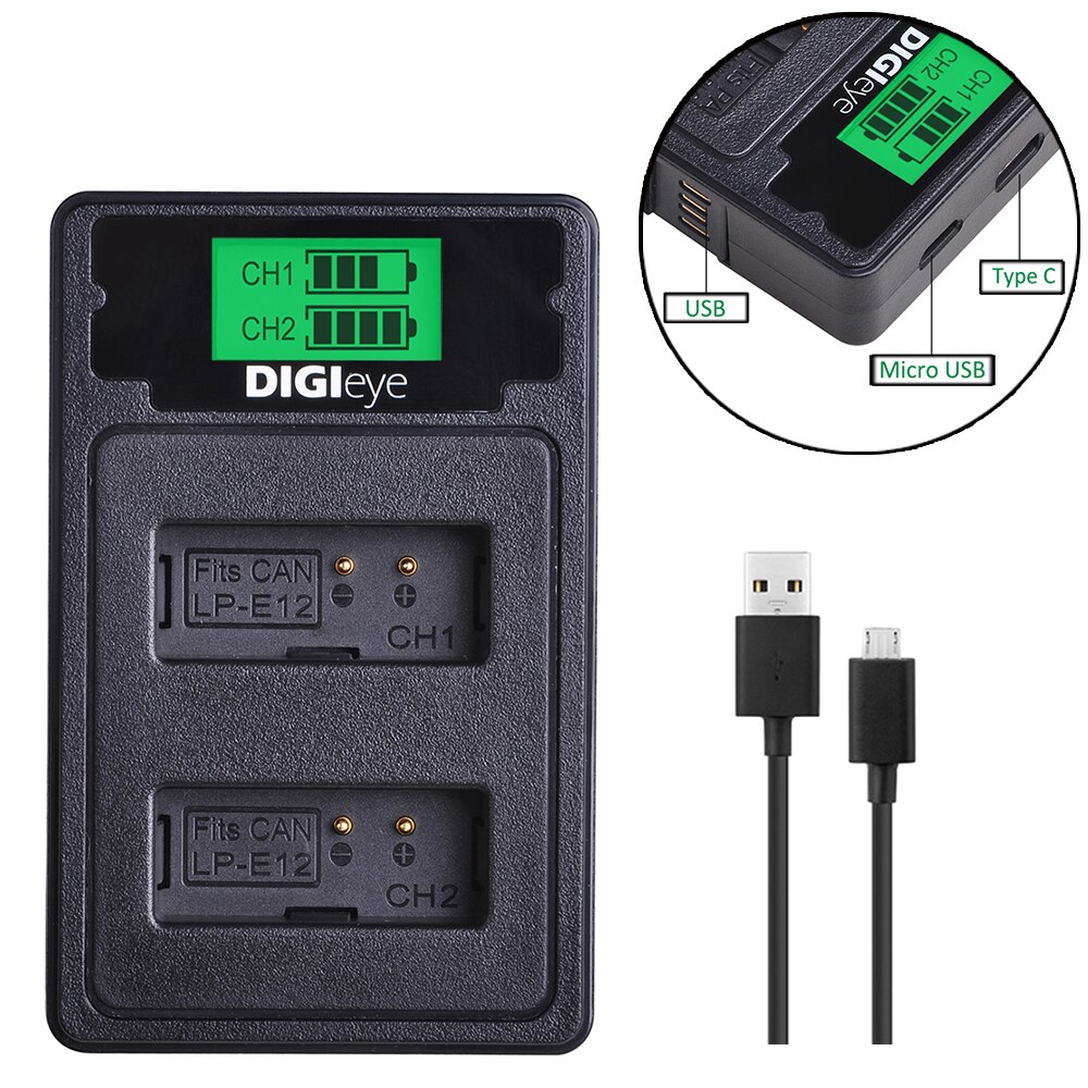 LP-E12 LPE12 Batterij + Lcd Dual Usb Charger Met Type C Voor Canon Rebel SL1, Powershot SX70HS, eos M, Eos M2, M10, M50, M100