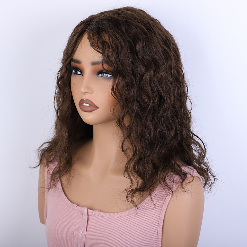 Perruque de cheveux humains bouclés au miel avec frange à franges, partie latérale, sans colle, pré-plumée, gros moelleux, marron, blond mélangé
