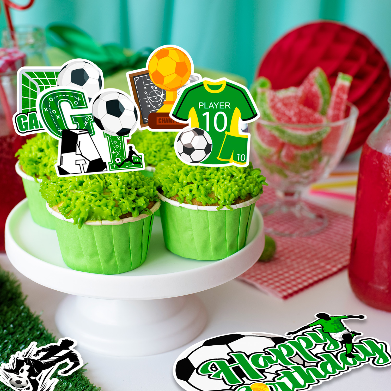 Voetbal taart decoraties, 13 stuks voetbal taart topper set - voetbal cupcake toppers + voetbal taart topper voor voetbal verjaardag