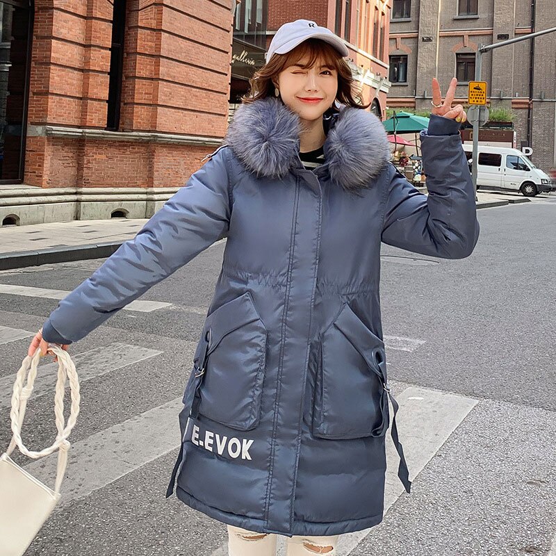 Lange bontjas met capuchon, bakkerij winterjas, donsjas, dames oversized jas, gewatteerd katoen, parka met opschrift, grote zak: Blauw / Xxl  ru46-52