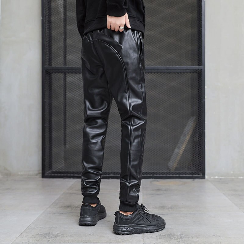 Idopy Men`s Autumn Faux Leather Joggers Harem Pants Hip Hop Ankle Cuffed Elastic Waist Drawstring PU Stretchy Trousers For Male