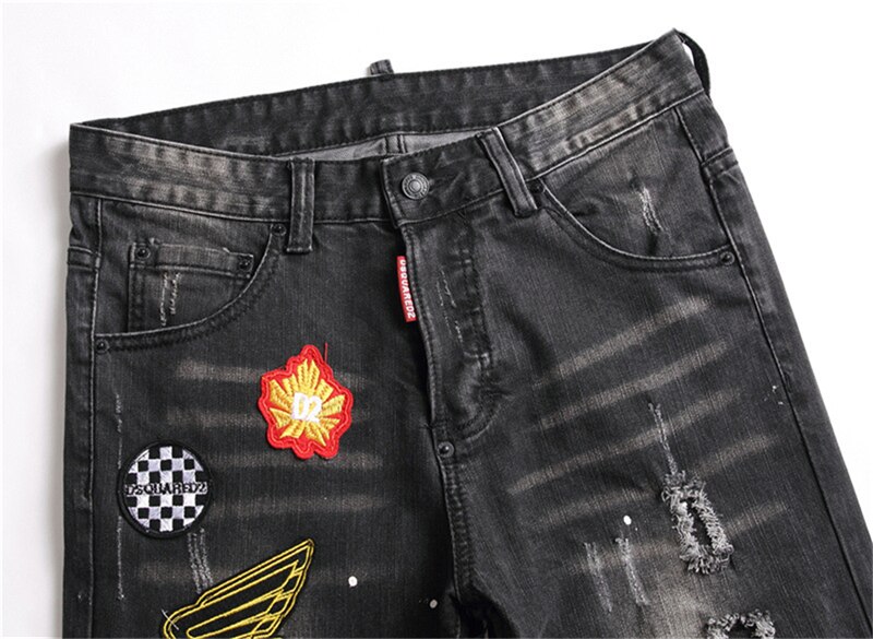 Pantalones vaqueros rasgados negros para hombre, ropa de calle de para hombre, vaqueros rectos con agujeros, de dibujo grafiti, informales, ajustados, NZ108