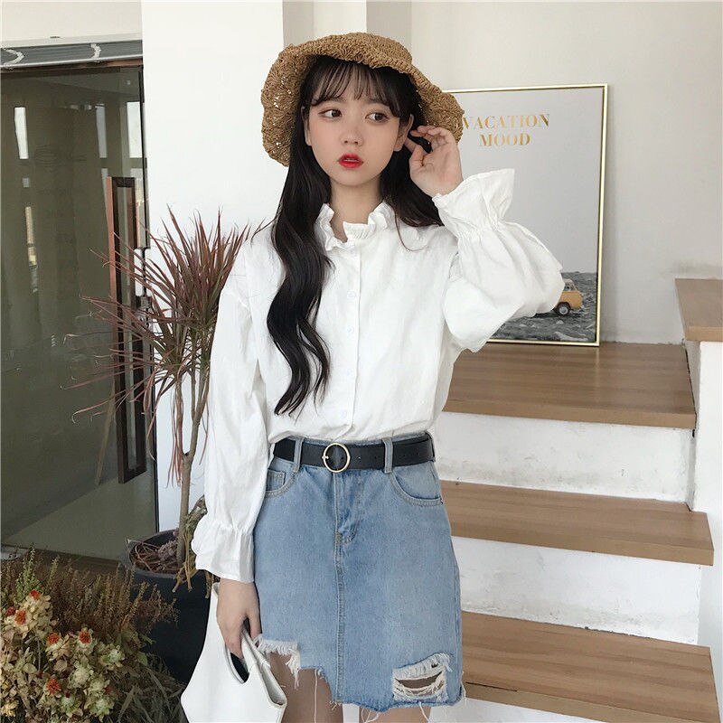 Flæse hvid skjorte oversize pufærmer top kvinder koreansk krave skjorte tøj løs bluse femme casual
