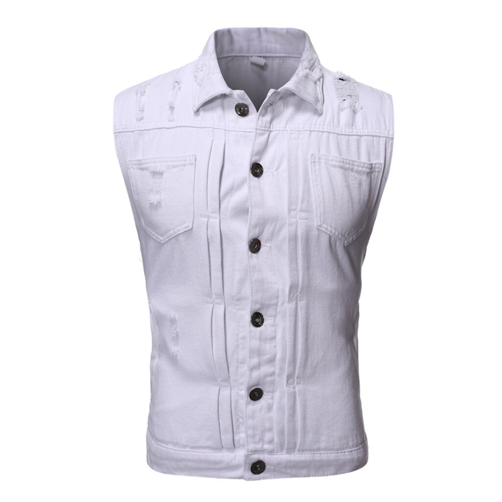 Coton Jeans sans manches veste gilet hommes grande taille noir Denim Jeans gilet mâle Cowboy extérieur gilet hommes veste # G3: WHITE / M