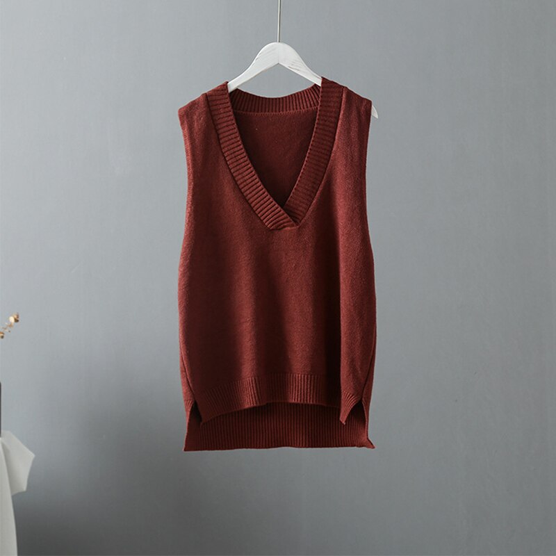 Maglione casuale primavera autunno donna gilet maglione di lana spessa e grezza maglia maglione fuori misura canotta femminile senza maniche grande superiore donna: Rosso mattone