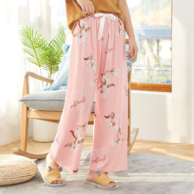 Summer Sleep Wear for Women Pajama Printing Loose Sleep Pants Calf-Length Pants Sleep Bottoms Home Wear: Q17