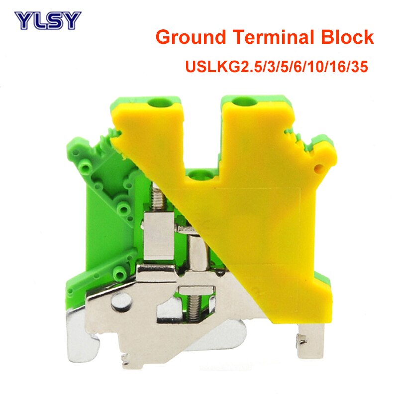10/5Pcs Din Rail Schroef Aarding Terminal Blok USLKG2.5/3/5/6/10/16/35 Uk Morsettiera Geel Groen Grond Draad Connector Messing
