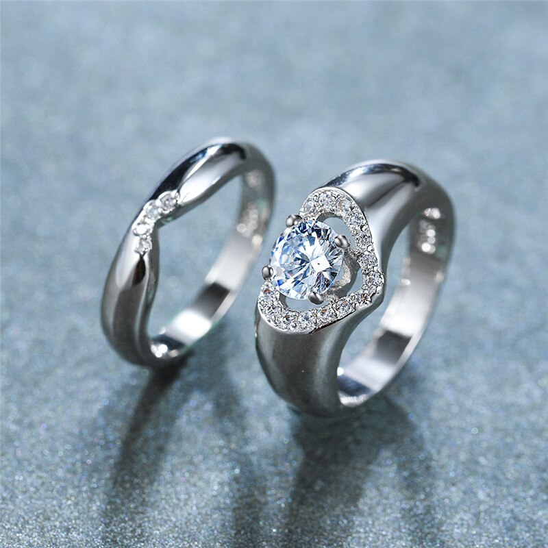 Luxus Weibliche Weiße Runde Kristall Ring einstellen zierlich Silber Farbe Hochzeit Ringe Für Frauen Versprechen Herz Hohl Engagement Ring