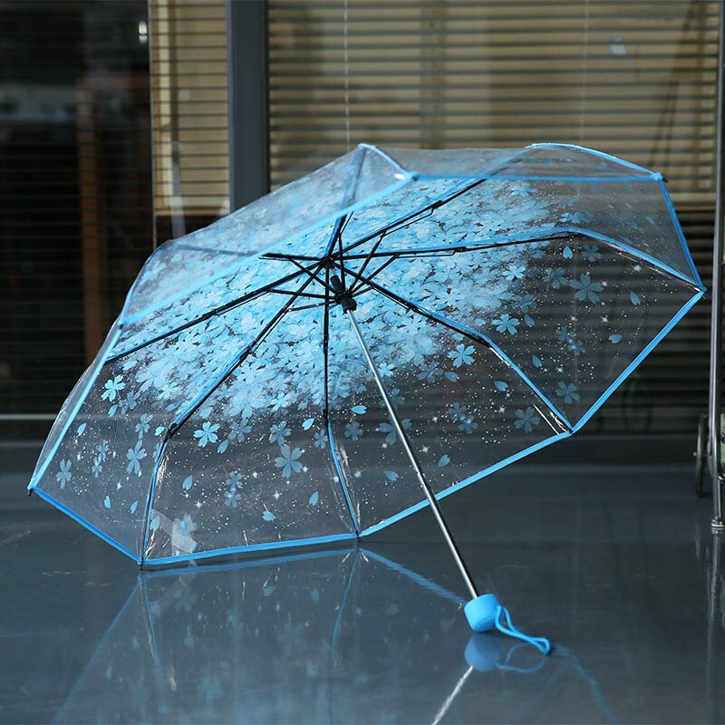 Flor de Cerezo transparente Paraguas de lluvia de las mujeres 3 plegable de La Flor de Sakura Paraguas mujer lluvia herramientas sol sombrilla Paraguas... Paraguas: Dense Sakura blue