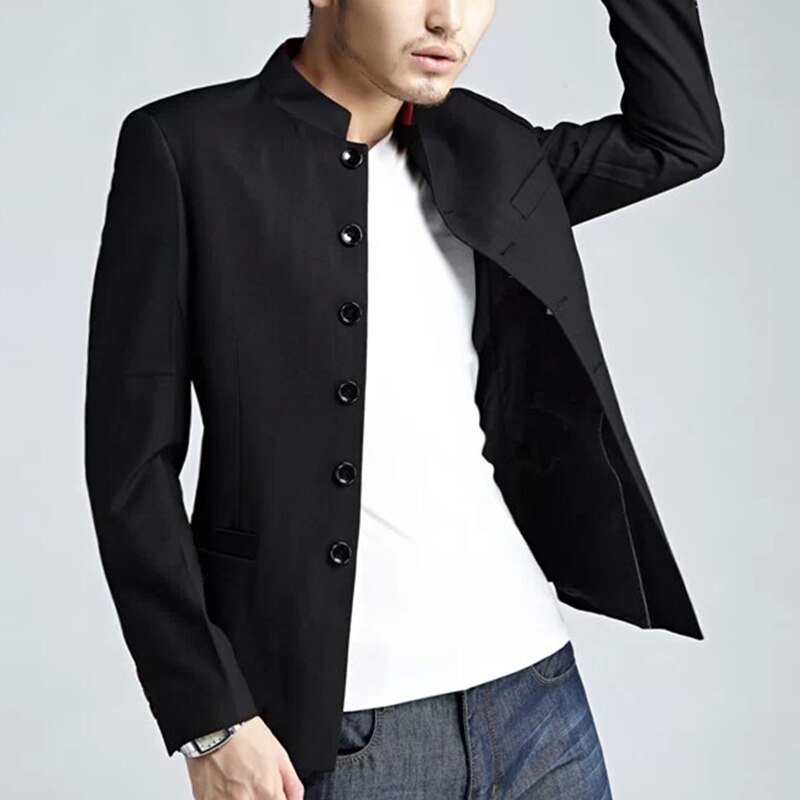 Chaqueta tipo túnica negra para hombre, traje de estilo chino con cuello levantado, chaqueta de uniforme universitario con botonadura única, prendas de vestir exteriores, color rojo mandarín