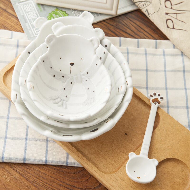 MORGIANA Cute Cartoon Fruit Plate Delicate Ceramic Bowl Dinner Set White Bear Ceramic Bowl Family Soup Bowl Set