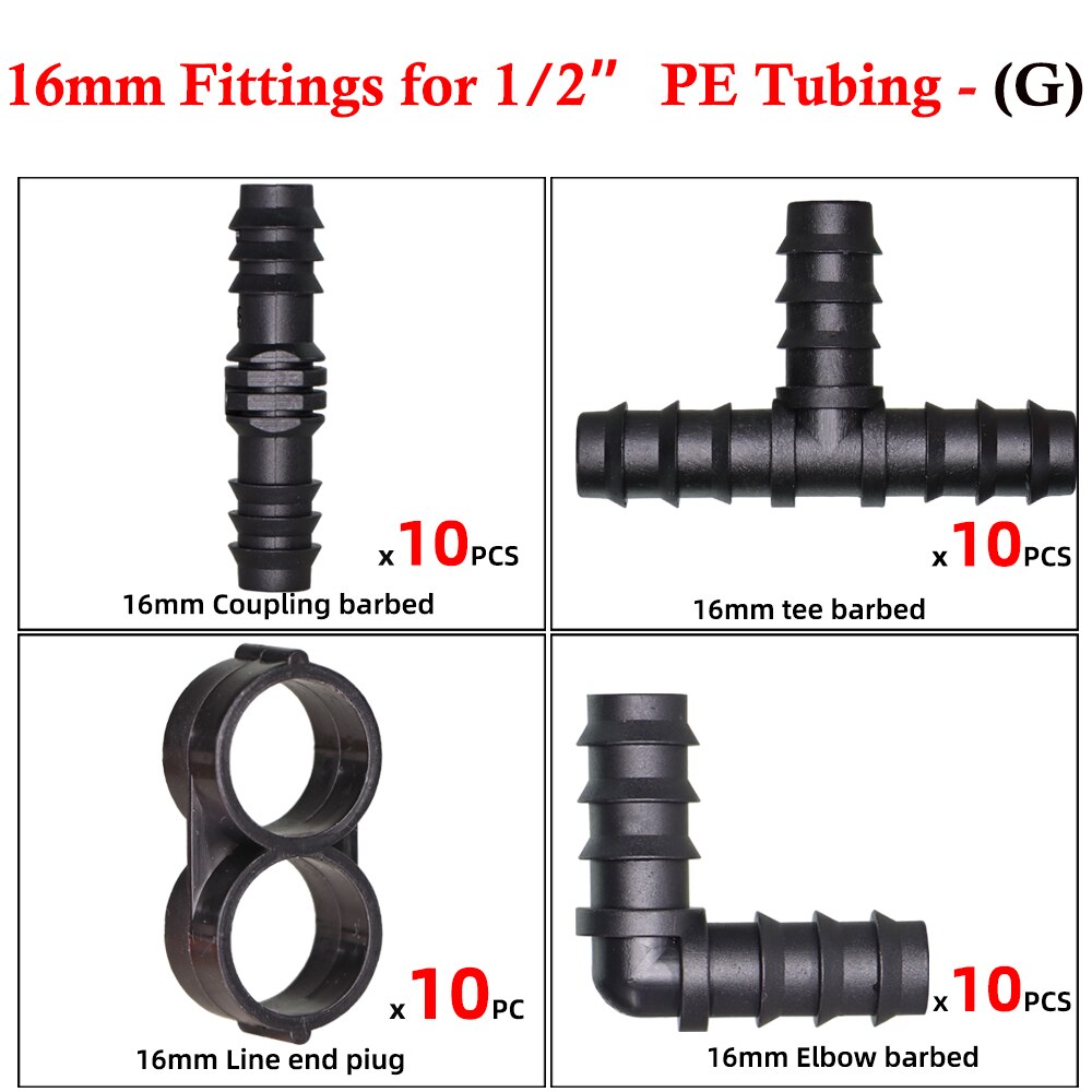 16mm PE Tubing Barbed Fittings Kit Garden Drip Watering Connectors Tee Elbow Coupling Cap Plug End 1/2" Hose Irrigation Adaptor: GX1Kit