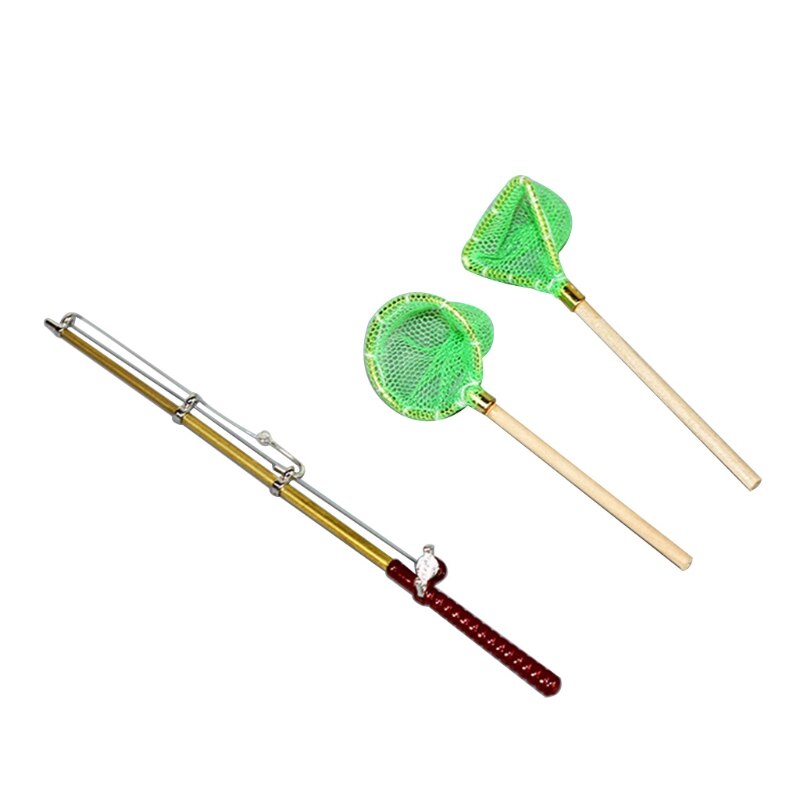 3Pcs Mini Fishing Set Fishing Net & Fishing Rod Decor Miniature Fishing Rod 40JC: Green