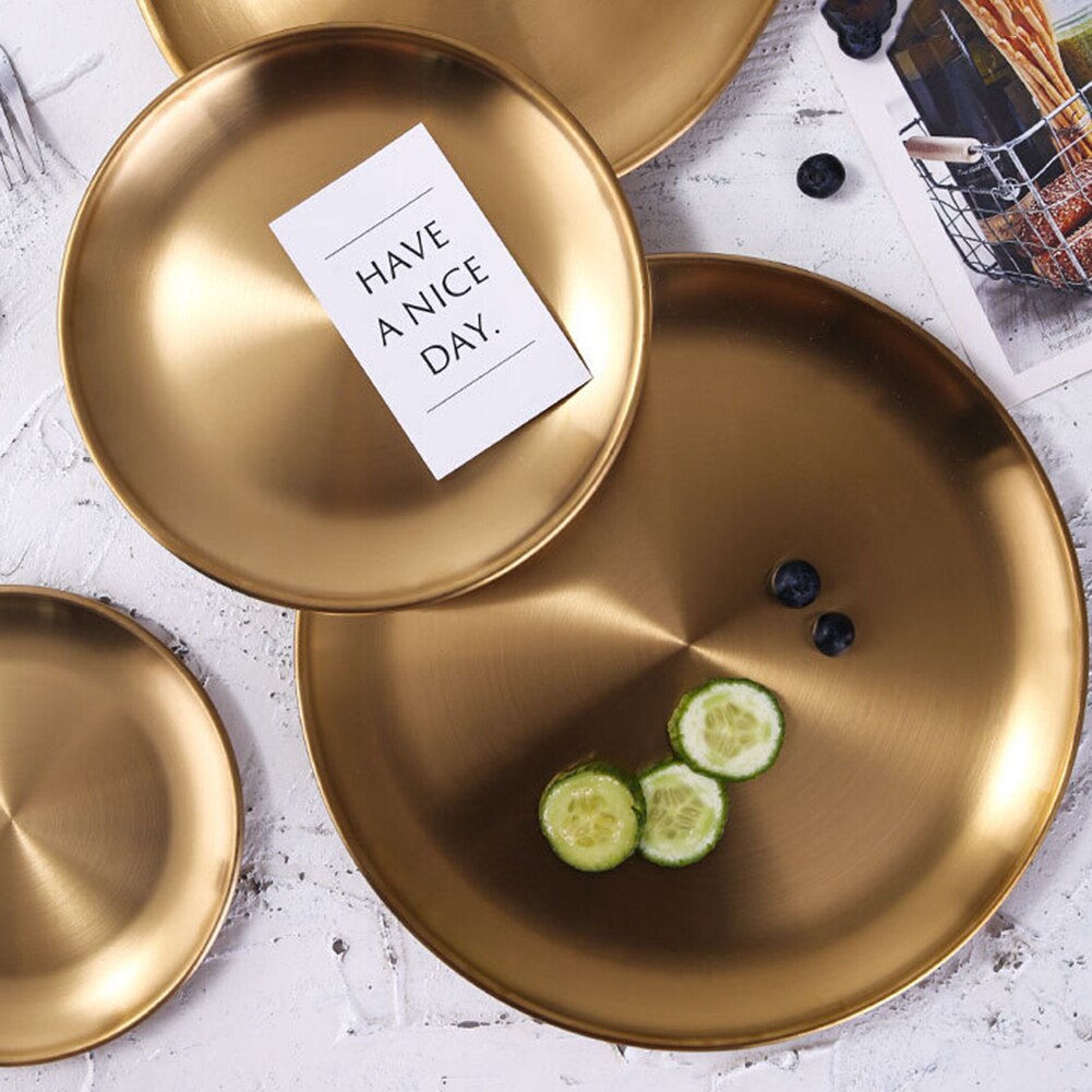 1Pcs Gold Stainless Steel Round Plate Tray Dinner Dishes Food Snacks Steak Fish Plate Eco-friendly Tableware for Kitchen Hotel