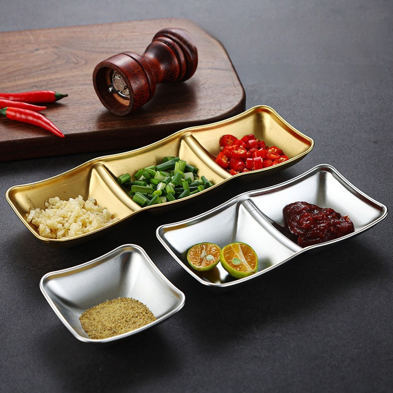 Plato de condimentos de acero inoxidable 304, olla , cuenco para inmersión, salsa de soja, barbacoa, Sushi, plato de vinagre, bandeja para condimentos, vajilla de cocina