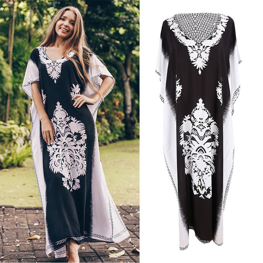 Bohemian Strand Jurk Plus Size Print Beach Cover Up Lange Katoenen Tuniek Batwing Mouw Sarong Vintage Beachwear