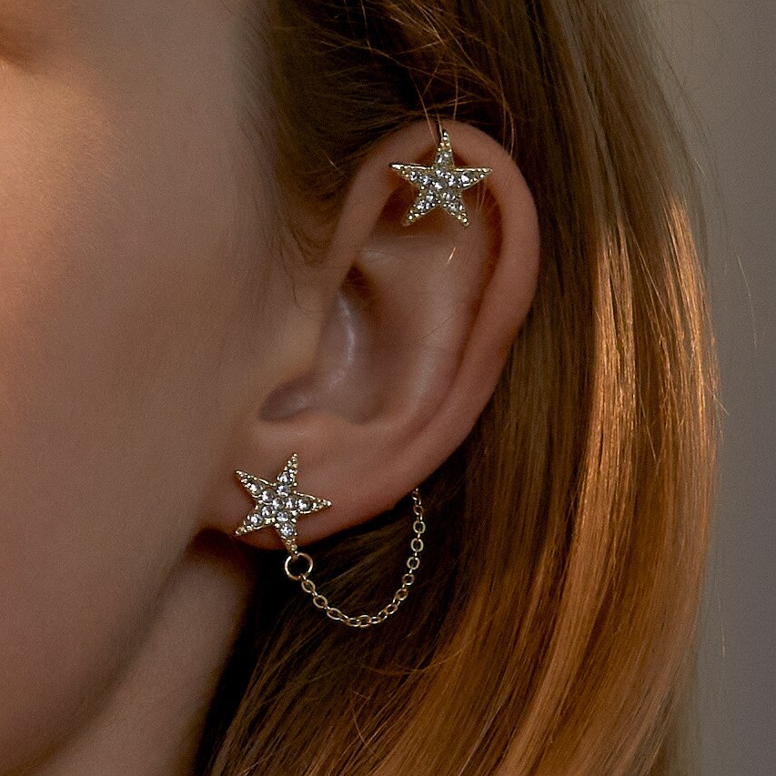 Puck Rock – boucles d'oreilles étoile en cristal pour femmes, manchette à un côté, Vintage, doré, de noël, de saint-valentin