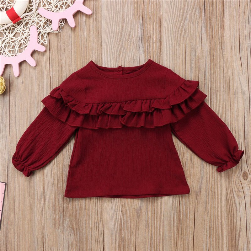 Kleinkind Neugeborenes Mädchen Art Bluse Solide Rundhals Rüschen Mädchen Kleidung oben Langarm-bluse Shirt