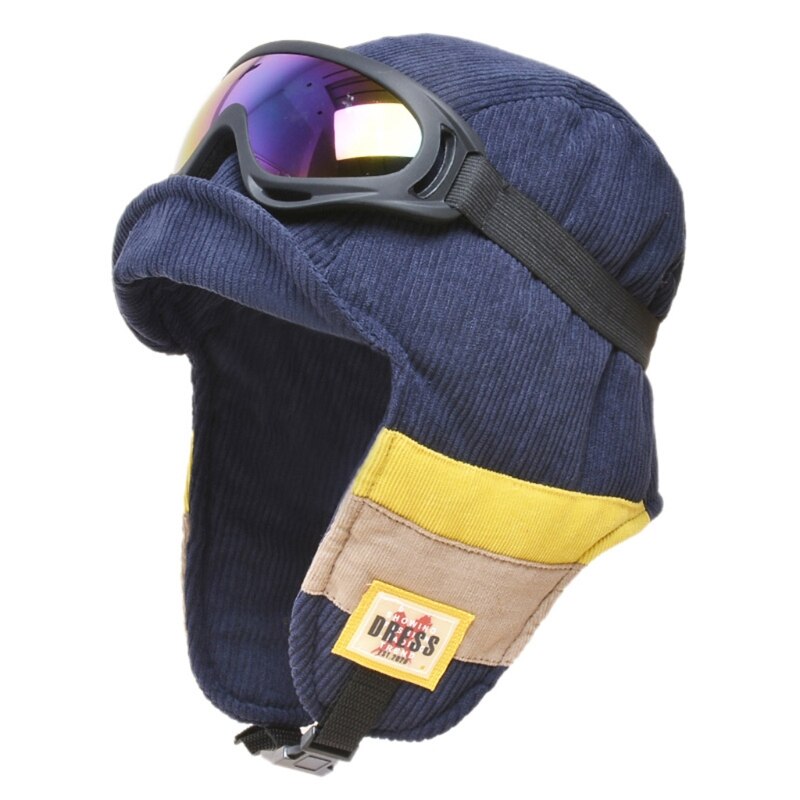 Gorra de cazador de soldado de terciopelo para mujer, gorro Reversible con gafas desmontables, a prueba de viento, a rayas de bloque de color, con orejeras: 4