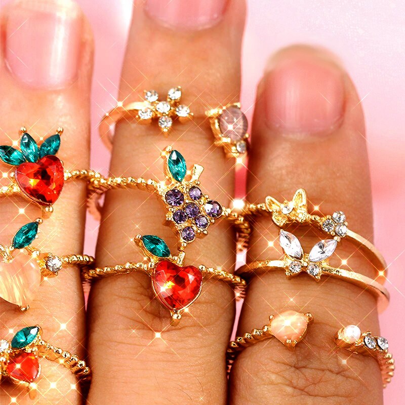 Shiny Crystal Fruit Vlinder Ringen Voor Vrouwen Meisjes Multicolor Cherry Aardbei Druif Ring Sieraden