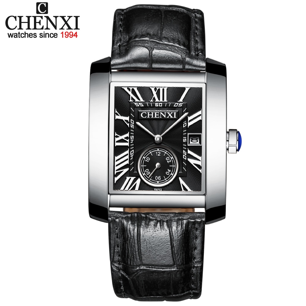 Chenxi firkantet ur herreure analoge kvarts armbåndsure herre læder vandtæt dato kronograf montre homme