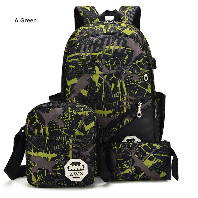 3 pièces/ensemble USB mâle sacs à dos lycée sacs pour femmes garçons une épaule grand étudiant voyage sac hommes école sac à dos mochila: green 2