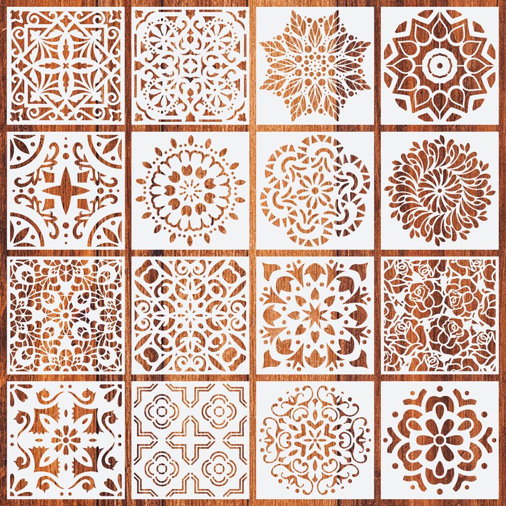 16Pcs Painting Drawing Stencils Mandala Template For Stones Floor Wall Tile Fabric Wood Burning Art&Craft Supplies -Reuseable: Default Title